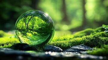 Glass ball with a tree inside of it is sitting on a mossy rock. The scene is peaceful and serene, with the glass ball reflecting the surrounding nature photo