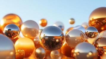Bunch of shiny gold balls are scattered across the sky. The balls are all different sizes and are reflecting the sunlight. The scene gives off a feeling of warmth and happiness, as the bright colors photo