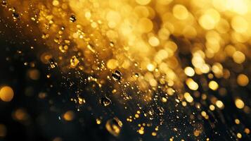 The image is a blurry, gold and black photo of raindrops on a window. The droplets are scattered throughout the frame, creating a sense of movement and energy