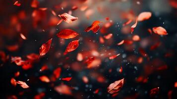 Close up of red leaves falling from a tree. The leaves are scattered all over the ground, creating a sense of movement and chaos. The image evokes a feeling of autumn and the changing of the seasons photo
