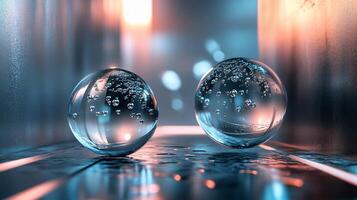 Two clear spheres of water are floating on a wet surface. The spheres are surrounded by a blurry background, giving the impression of a dreamlike or surreal atmosphere photo