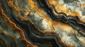 Close up of a rock with a gold and black pattern. The rock is textured and has a natural look to it photo