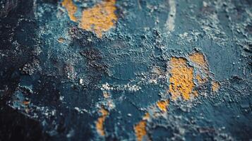 Blue and yellow wall with a lot of texture. The blue is the dominant color and the yellow is scattered throughout the wall. The texture of the wall gives it a rough and aged appearance photo