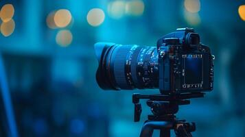 Camera with a lens is on a tripod. The camera is black and the lens is clear photo