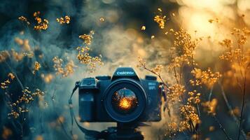Canon camera is surrounded by a field of yellow flowers. The camera is lit up with a bright light, creating a warm and inviting atmosphere. Concept of creativity and artistic expression photo