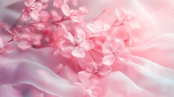 Close up of pink flowers on a white background. The flowers are delicate and the background is soft and smooth. Concept of tranquility and beauty photo