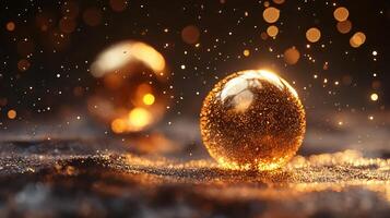 Pair of gold spheres are surrounded by glitter and are lit up. The scene is warm and inviting, with the gold and glitter creating a sense of luxury and opulence photo