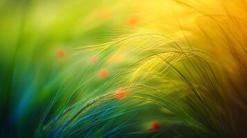 Field of grass with a few red and yellow flowers scattered throughout. The grass is lush and green, and the flowers are small and vibrant photo
