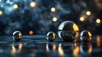 Group of shiny, reflective spheres are arranged on a dark surface. The spheres are of varying sizes and are positioned in a way that creates a sense of depth and movement. Scene is one of elegance photo