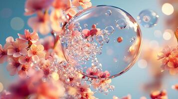 Close up of a flower with a clear bubble surrounding it. The bubble is filled with water and the flower is pink. The image has a serene and calming mood, as the water photo
