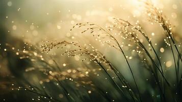Field of grass with a lot of raindrops on it. The grass is tall and the raindrops are scattered all over it photo