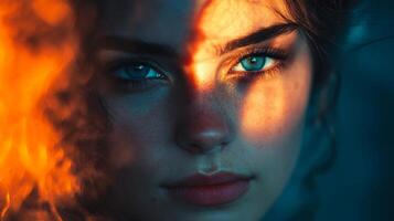 Woman with blue eyes and red lips is staring at the camera. The image has a warm, fiery feel to it, with the woman's face and lips appearing to be glowing photo