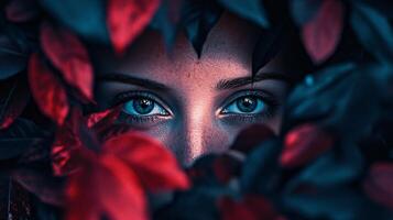 Woman's face is obscured by leaves, with her eyes looking out from behind the foliage. The image has a mysterious and somewhat eerie mood, as the viewer is unable to see the woman's entire face photo