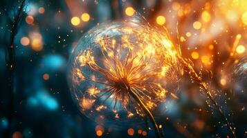 Glowing flower with a yellow stem and a blue background. The flower is surrounded by a lot of sparkles and the background is a mix of blue and yellow photo