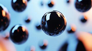 Close up of many shiny, metallic spheres. The spheres are all different sizes and are scattered throughout the image. Scene is one of chaos and disorder, as the spheres seem to be randomly placed photo