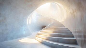 Spiral staircase in a white room with a light shining on it. The staircase is made of stone and is very tall photo