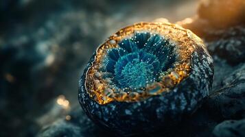 Blue and gold flower is on a rock. The flower is surrounded by a blue and gold background photo