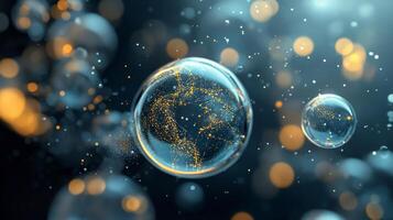 Series of bubbles with a globe in the middle. The bubbles are orange and blue and the globe is blue photo