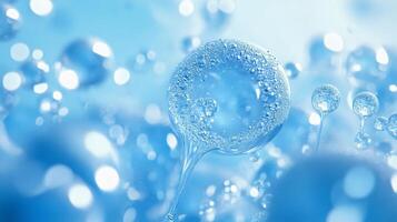 Blue background with a large bubble in the middle. The bubble is surrounded by smaller bubbles. The bubbles are all different sizes and shapes photo