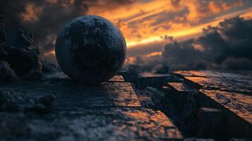 Large, round object is sitting on a rocky surface. The sky is orange and the clouds are dark. The scene is desolate and eerie photo