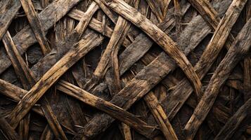 The image is of a tangled mess of wood, with some of the pieces appearing to be old and worn. Scene is one of chaos and disarray, with the wood seemingly tangled photo