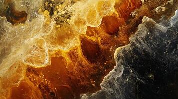 Painting of a rocky surface with a splash of color. The painting has a sense of depth and texture, with the brown and black colors creating a contrast against the yellow photo
