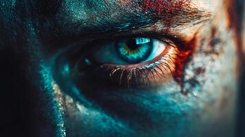 Close up of a person's eye with a blue iris and red paint on the eyelids. The eye is surrounded by a blue and red background, giving it a dramatic and intense look photo
