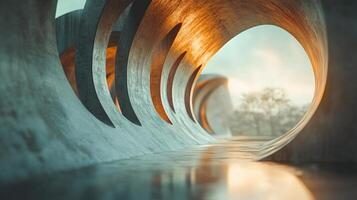 Tunnel with a tree in the background. The tunnel is made of concrete and has a curved shape. The light is shining through the tunnel, creating a warm and inviting atmosphere photo