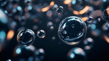 Close up of a bunch of small bubbles floating in the air. The bubbles are all different sizes and colors, creating a sense of movement and energy. The image conveys a feeling of playfulness photo