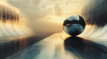 Large sphere is sitting on a concrete surface. The sphere is reflecting the light from the sun, creating a beautiful and serene atmosphere photo