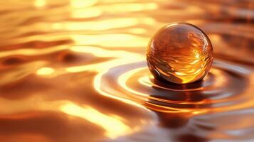Small, round, clear object is floating on top of a body of water. The water is a deep, rich brown color, and the light is shining on the object, creating a warm, inviting atmosphere photo