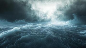 Stormy ocean with a bright sun in the sky. The sky is filled with dark clouds and the water is choppy photo