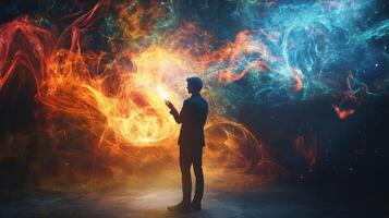 Man stands in front of a fiery red and blue swirl. The man is holding a cell phone in his hand. Concept of wonder and awe, as the man is surrounded by the vibrant colors of the swirling fire photo