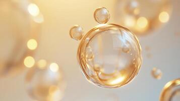 Close up of a bunch of bubbles with a yellowish tint. The bubbles are all different sizes and are floating in the air. Concept of playfulness and lightheartedness, as if the bubbles are dancing photo