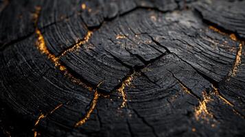 Close up of a black and burnt wood surface with a golden glow. Concept of destruction and decay, as the wood has been charred and split apart. The contrast between the black photo