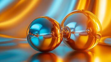 Two shiny, reflective spheres are placed on a reflective surface. The spheres are surrounded by a blue and orange background, creating a sense of depth and contrast photo
