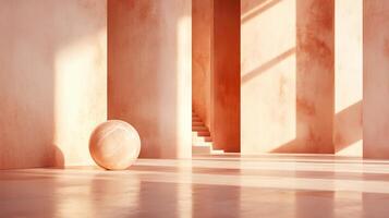 Large ball is sitting in the middle of a room with a lot of light coming in from the windows. The room is empty and the ball is the only object in the scene photo