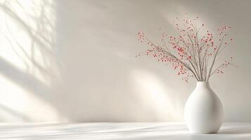 White vase with red flowers sits on a table. The vase is the main focus of the image, and the red flowers add a pop of color to the otherwise plain white background photo