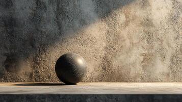 Black ball is sitting on a grey surface. The ball is surrounded by a lot of dust and debris, giving it a worn and weathered appearance. The scene is somewhat chaotic and disorganized photo
