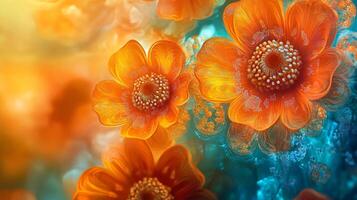 Colorful bouquet of flowers with a blue background. The flowers are orange and yellow, and they are arranged in a way that makes them look like they are floating. Scene is cheerful and uplifting photo