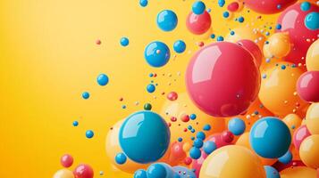 Colorful background with many different colored balls scattered around. The background is yellow and the balls are in various colors such as blue, red, and green. The image has a playful photo