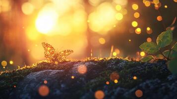 Butterfly is on a rock in the woods. The sun is shining brightly, creating a warm and peaceful atmosphere photo