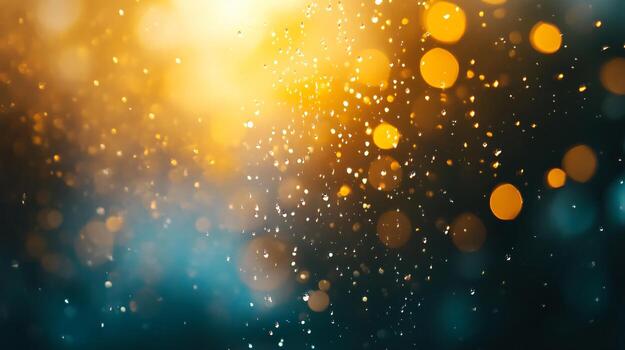 Blurry image of a yellow and blue background with a lot of small dots. The dots are scattered all over the image, creating a sense of movement and energy. The image is abstract and dynamic photo