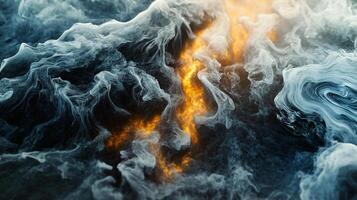 Chaotic scene of smoke and fire swirling in the air, with a yellow line cutting through the middle. The smoke and fire are in various sizes and shapes, creating a sense of movement and energy photo