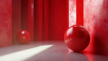 Red room with two red balls on the floor. The room is dimly lit and the balls are the only objects in the room photo