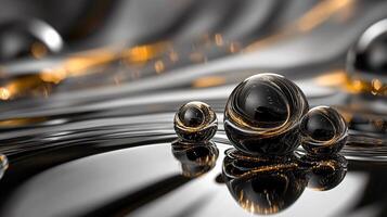 Reflection of three black spheres on a dark surface. The spheres are surrounded by a shimmering light, giving the image a dreamy, ethereal quality photo