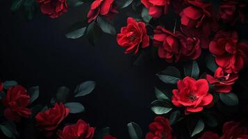 Close up of red roses with dark background. The roses are in full bloom and the dark background creates a mood of mystery and elegance photo