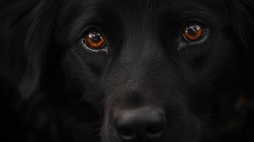 Black dog with brown eyes. The dog's eyes are open and staring at the camera. The dog's fur is black and shiny photo