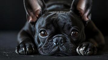 Black dog with its head down on a black surface. The dog has a sad expression on its face photo