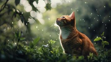 Cat is sitting in the grass and looking up at the sky. The cat is orange and has a curious expression on its face. The scene is peaceful and serene, with the cat enjoying the outdoors photo